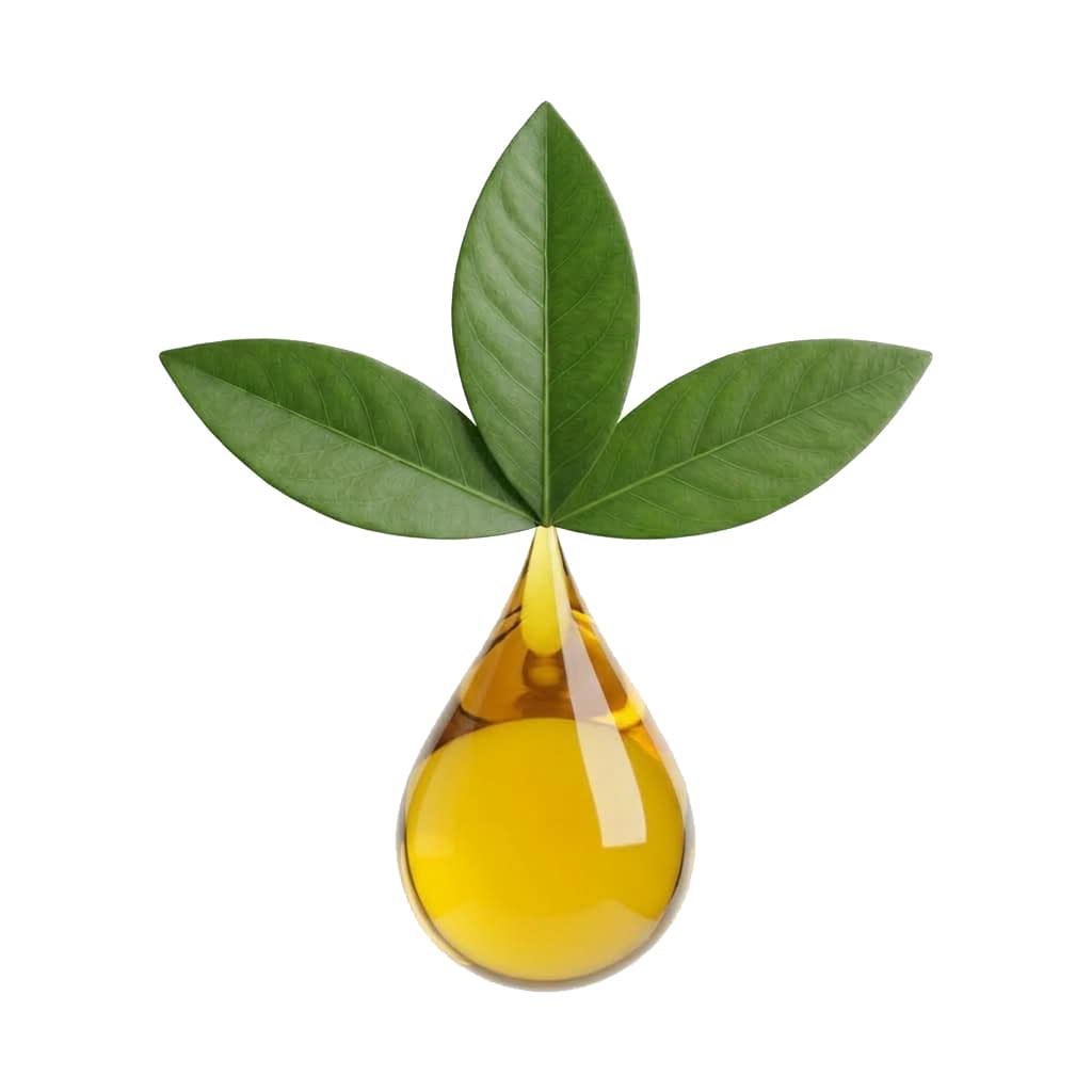 Botanical leaf above a drop of golden plant extract